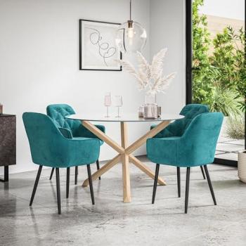 Blue Anika Velvet & Malvern Glass Dining Set – 4‑Piece Oak Leg Round Table