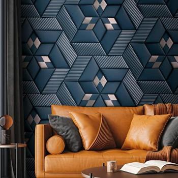 Papel Pared Metálico Azul Marine con Patrón Hexagonal