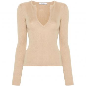 Max Mara Women's Silk and Cashmere Wool Top, V-neck Knitwear, Beige, Size Large