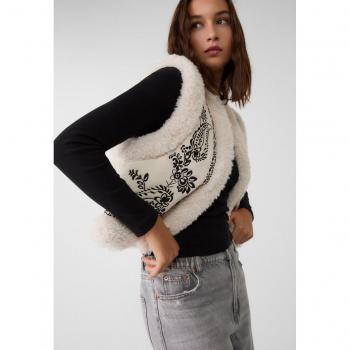 Stradivarius Faux Shearling Waistcoat with Embroidery in Ecru S