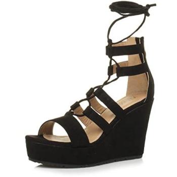 AJVANI Women’s Black Strapped Platform Sandals with Lace-Up (Wedge Heel, Size 3)