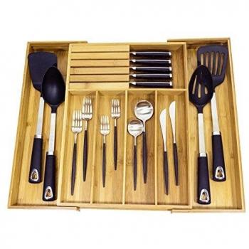 Bamboo Wooden Cutlery Tray with Knife Block and Adjustable Drawer Organizer by Taylor & Brown®
