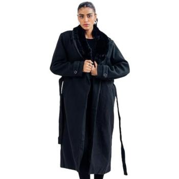 Urban Studio Women's Black Wool-Fur Belted Coat – Small