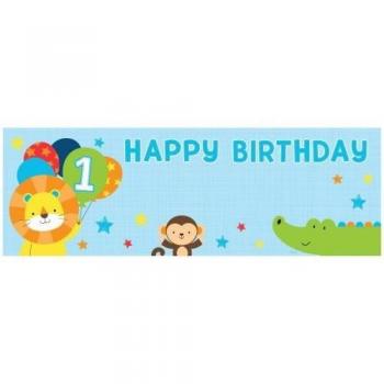 Banner di Compleanno con Animali dello Zoo e Adesivi in Plastica