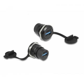 Delock USB 3.2 Gen 1 Typ-A Einbaubuchse mit Staubschutzkappe, Elektronikkabel + Stecker, Schwarz