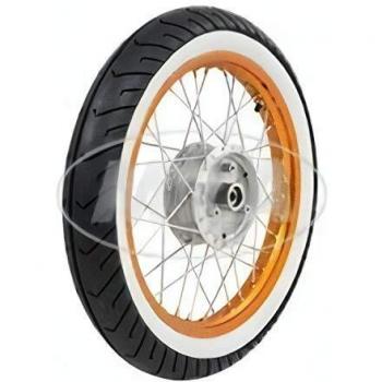 ,5x16 Zoll Komplettrad vorne mit orange eloxierter Alufelge, polierten Edelstahlspeichen und montiertem Mitas MC2 Weißwandreifen