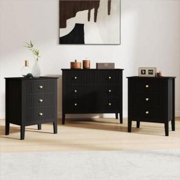 Hales Black Triple-Drawer Chest + Pair of Bedside Tables