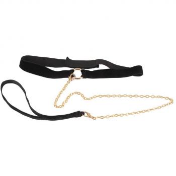 SM‑Fessel ORION: Samt‑Halsband + Ketten­Leine (schwarz)