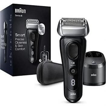 Rasoir électrique Braun Series 8 Homme Barbe Noir, Tête 3+1 avec tondeuse de précision, rasoir et tête flexible à 40°, SmartCare 4-en-1, Wet & Dry, autonomie 60 min, 8450cc (4210201392064)