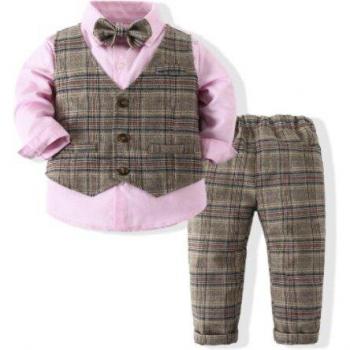 Outfit de Otoño para Niños: Chaleco a Cuadros + Camisa Rosa + Pantalones