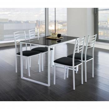 Conjunto Completo Noa: Mesa Blanca Metal, 4 Sillas en Cristal Negro