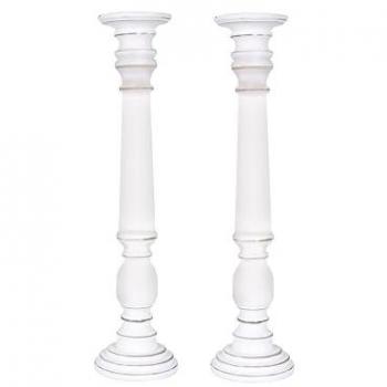 Set of 2 Rustic Antique Carved Wooden Pillar Candle Holders