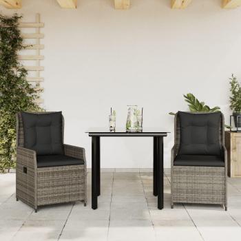 3-Piece Patio Dining Set with Cushions Grey Poly Rattan