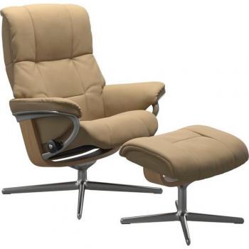 Stressless® Relaxsessel „Mayfair“ – Set inklusive Hocker & Cross Base – 92 cm Breite, 103 cm Höhe, 79 cm Tiefe – Leder PALOMA Beige – Holzakzent E