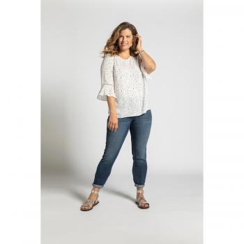 Blusa bianca con passamaneria e maniche a volant, taglia 48/50, viscosa
