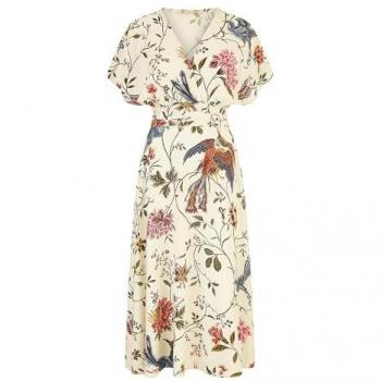 Robe midi Yumi à imprimé oiseaux et fleurs taille froncée 40