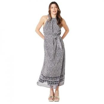 Navy Tile Border Print Belted Midi Dress for Women