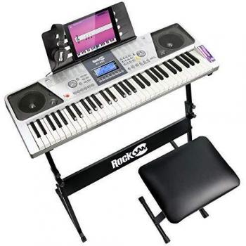RockJam 61 Key Keyboard Piano Kit with Digital Bench, Full, Grey