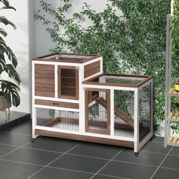 PawHut Wooden Rabbit Hutch Bunny Guinea Pig House Cage with Wheels
