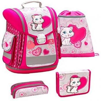 Belmil Schulranzen Groß Set 4-teilig für Mädchen/Pussycat, Kätzchen/Pink, Rose