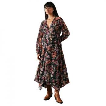 Womens Printed Metallic Chiffon Hanky Hem Midi Dress