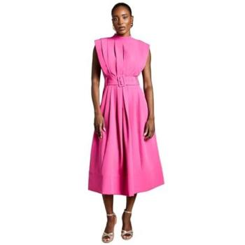 Mid-Winter Coastal Magenta Dress: Belted, Pleated, Color Block Design