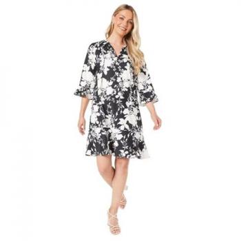 Black Floral Ruffle Hem Shift Dress for Women, Size 14 UK