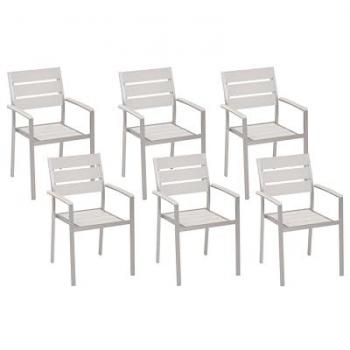 Set di 6 sedie da esterno bianche in plastica con schienale a doghe in alluminio