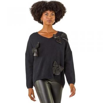 Stylish Black Bow Accented V-Neck Jumper