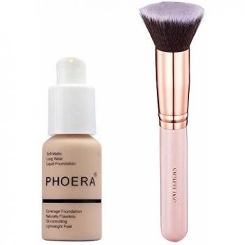 Nude Kabuki Phora Foundation Liquid with Concealer & Flat Top Brush
