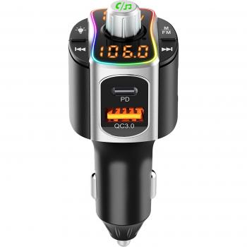 Wireless Bluetooth 5.0 FM Transmitter Car MP3 Player with Ambient Light and Handsfree Audio Receiver PD/QC3.0 Fast Charge TF U Disk