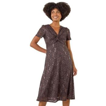 Twist Front Sequin Lace Dress in Chocolate – Women's Midi, 14