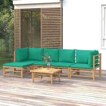 Conjunto de Lounge de Jardim 6 Peças em Bambu e Almofadas Verdes