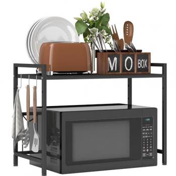 Dual‑Level Expandable Microwave Rack, 3 Hook Design – Black