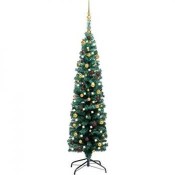 Künstlicher Weihnachtsbaum Slim mit LED-Beleuchtung und Weihnachtskugeln, grün, 150 cm