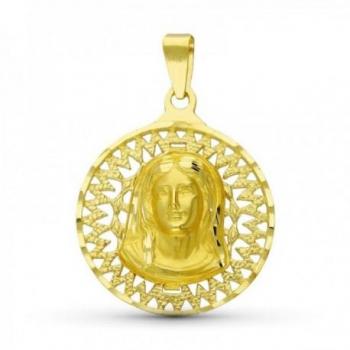 Virgen Niña colgante medalla oro 18k Primera Comunión 20 mm. cerco calado detalles tallados