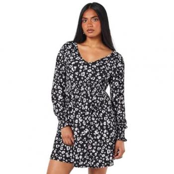 Petite Lilac Animal Design Mini Dress – V‑Neck, Shirred Waist, Black