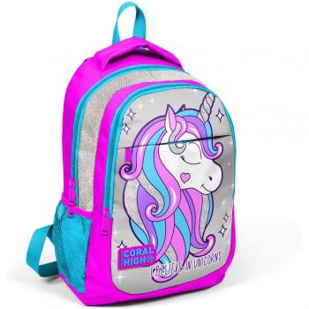Sac à dos pour enfants licorne paillettes argentées rose à trois compartiments Coral High Kids 14383