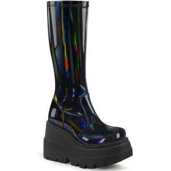 DemoniaCult SHAKER‑65 vegane High‑Heel‑Stiefel mit Hologramm – Schwarzer Plateau