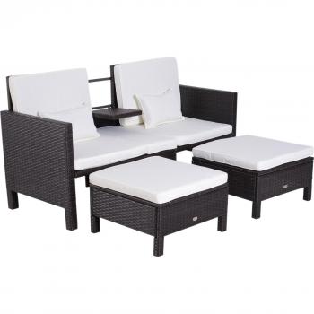 Polyrattan Gartensofa Set mit Hockern und Kissen in Braun