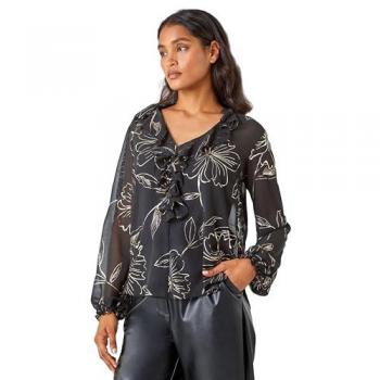 Metallic Floral Ruffle V-Neck Blouse for Women