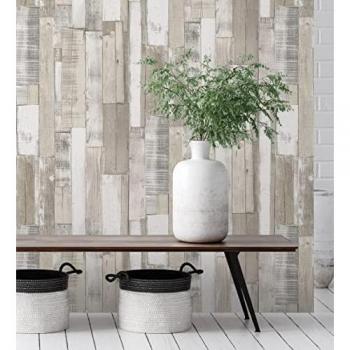 Papel pintado estilo nórdico listones madera beige gris
