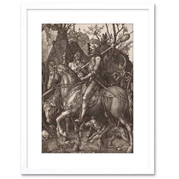 Albrecht Dürer Old Master Print – Knight, Death & the Devil, 9x7, White Frame