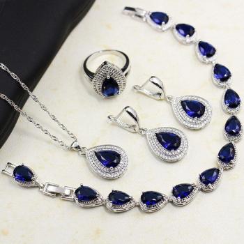 JoiasHome 925 Sterling Silber Herz Tropfen Schmuckset mit Saphiren 4 Teile