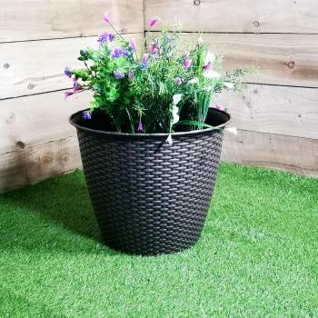 Rattan-Style Plastic Garden Planter, Interwoven Design, 295 x 350mm (13.5 inch), Brown