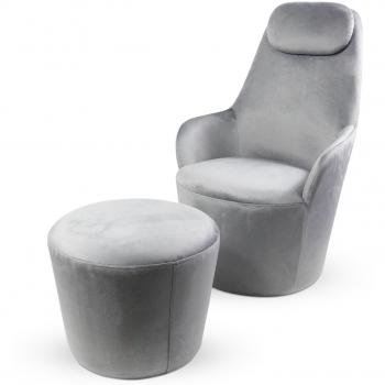 Fauteuil design en velours argenté avec repose-pieds DONGAL