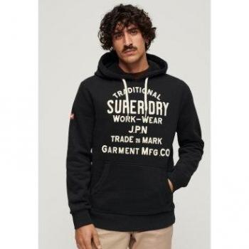 Superdry Men's Workwear Flock Graphic Hoodie Nero Black Marl Size L