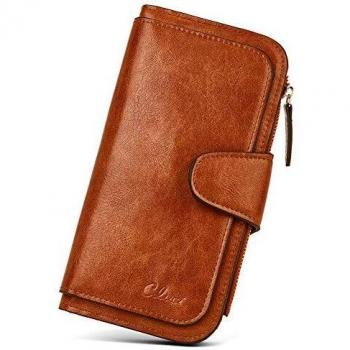 CLUCI Dames Leermontine, RFID‑Blokkeringstrifold, Designer Portemonnee met ID‑Venster, Twee‑Toned Bruin