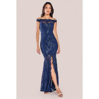 Navy Mermaid Maxi Dress, Lace Scallop Edge – Goddiva