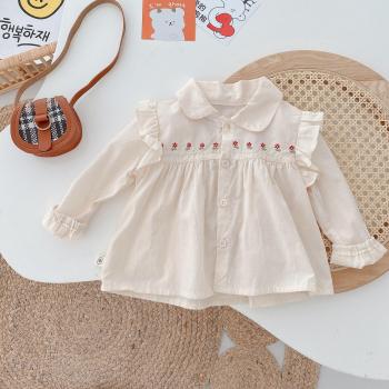 Camisa de estilo princesa con cuello de solapa y bordado floral para niñas